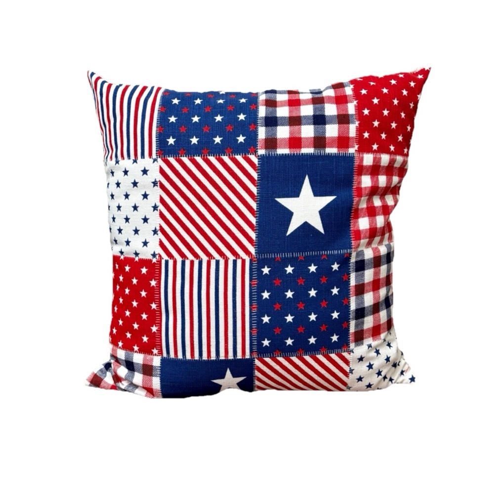 RED WHITE BLUE PATCHWORK DECORATIVE THROW PILLOW JULY 4TH AMERICANA 20X20 NEW